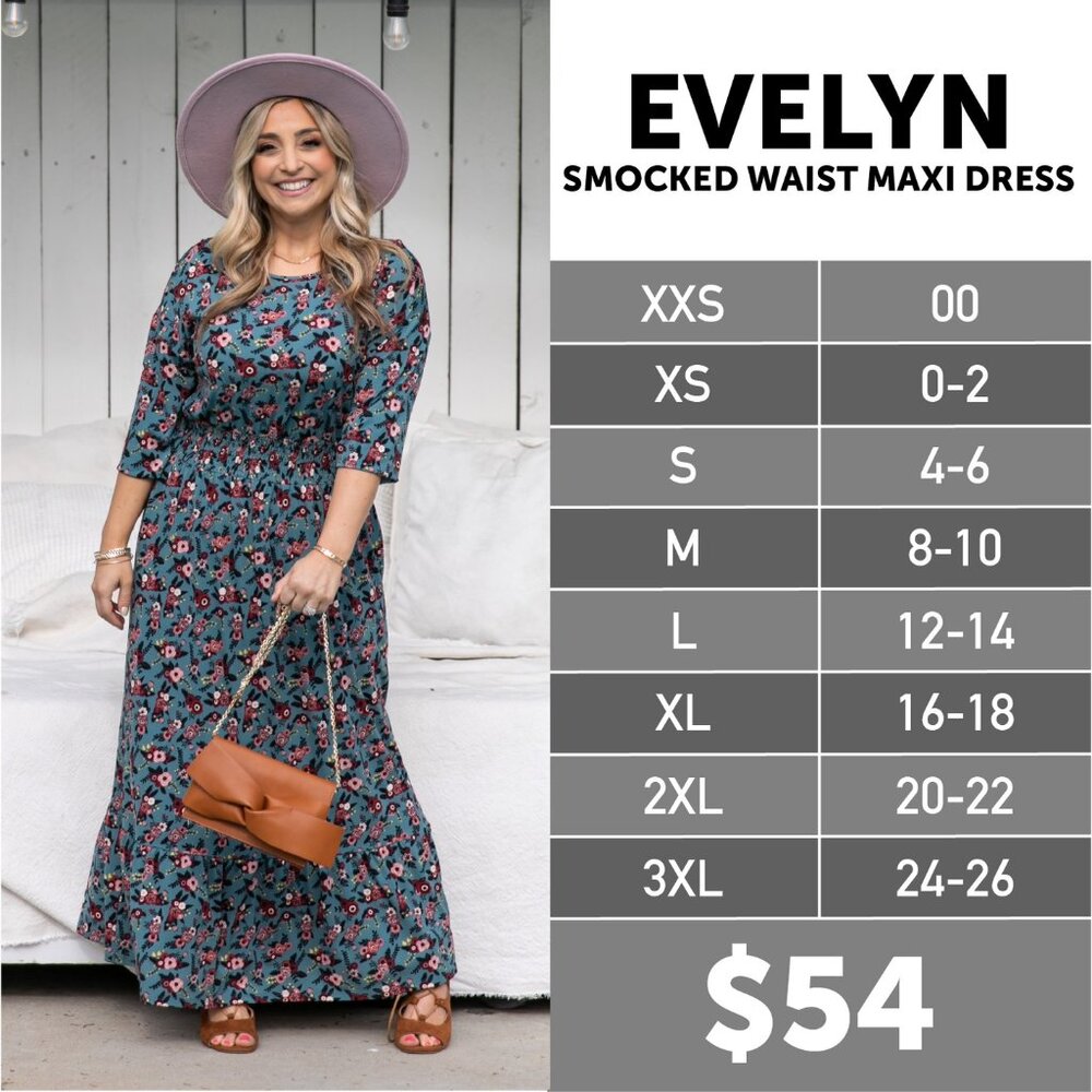 NEW M LuLaRoe Evelyn Smocked Waist Maxi Dress Long Sleeve Black Floral Midi - Picture 3 of 9